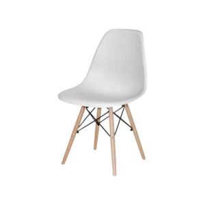 Silla plástica color blanco con patas de madera
