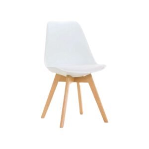 Silla plástica blanca con patas de madera clara